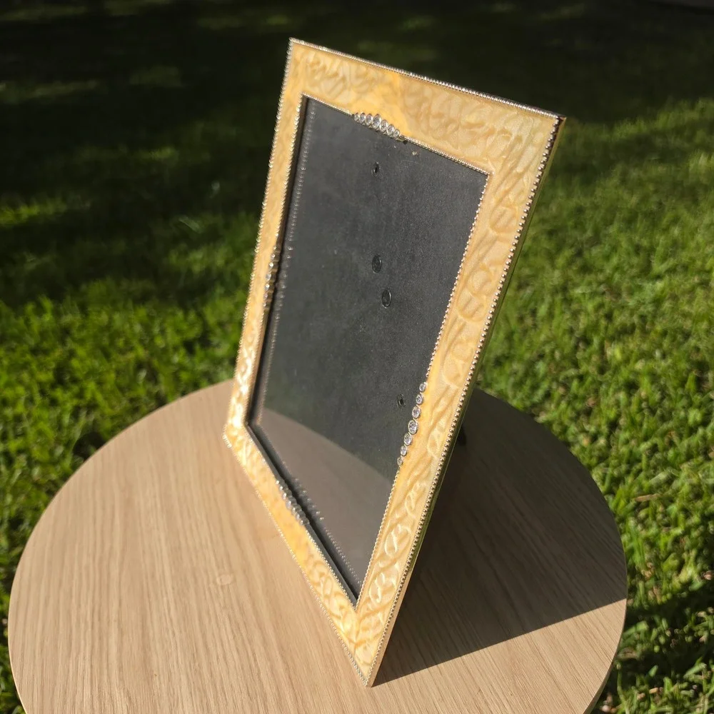 Vintage Style Marbled Cream Gold Enamel Rhinestone 8x10 Picture Frame Tabletop